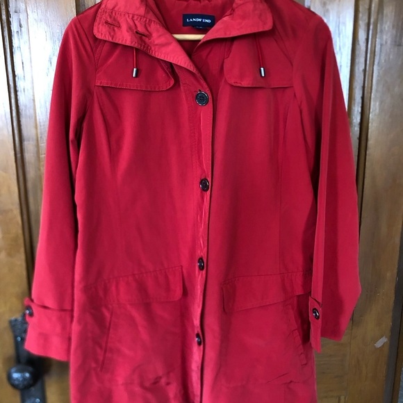 Lands' End Lined Red Trench Coat with High Collar and Hood - Picture 2 of 14